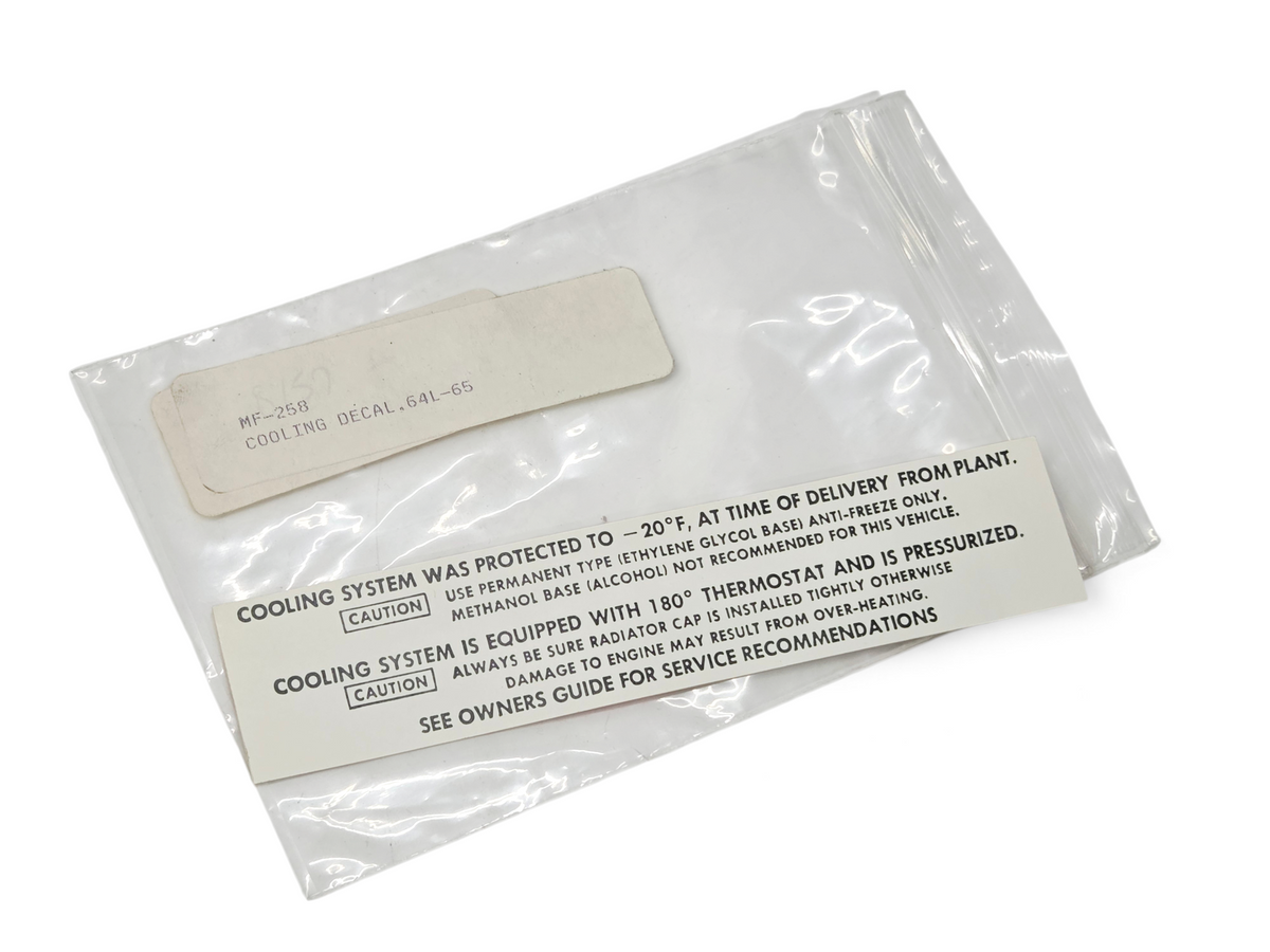 Send it Auto Parts reproduction cooling system caution decal for 1964-1965 Corvette C2 in a clear plastic bag