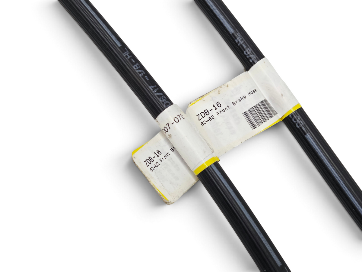 Send it Auto Parts 1963-1982 Corvette front brake hoses with ZDB-16 labels on a white surface