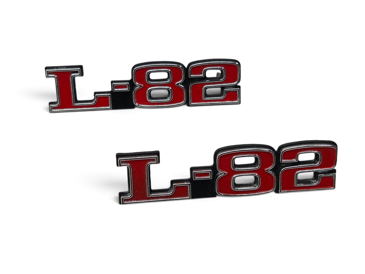 Send it Auto Parts pair of OEM GM L-82 hood emblems for 1975-1979 Corvette C3 with red and chrome finish