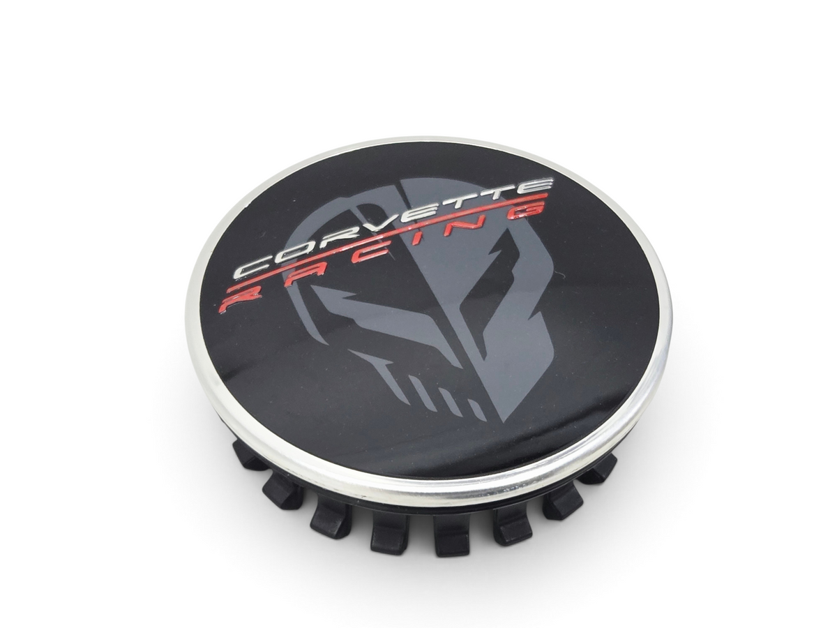 Send it Auto Parts OEM Corvette Racing Jake logo wheel center cap for C8 and C7 models with black and red detailing
