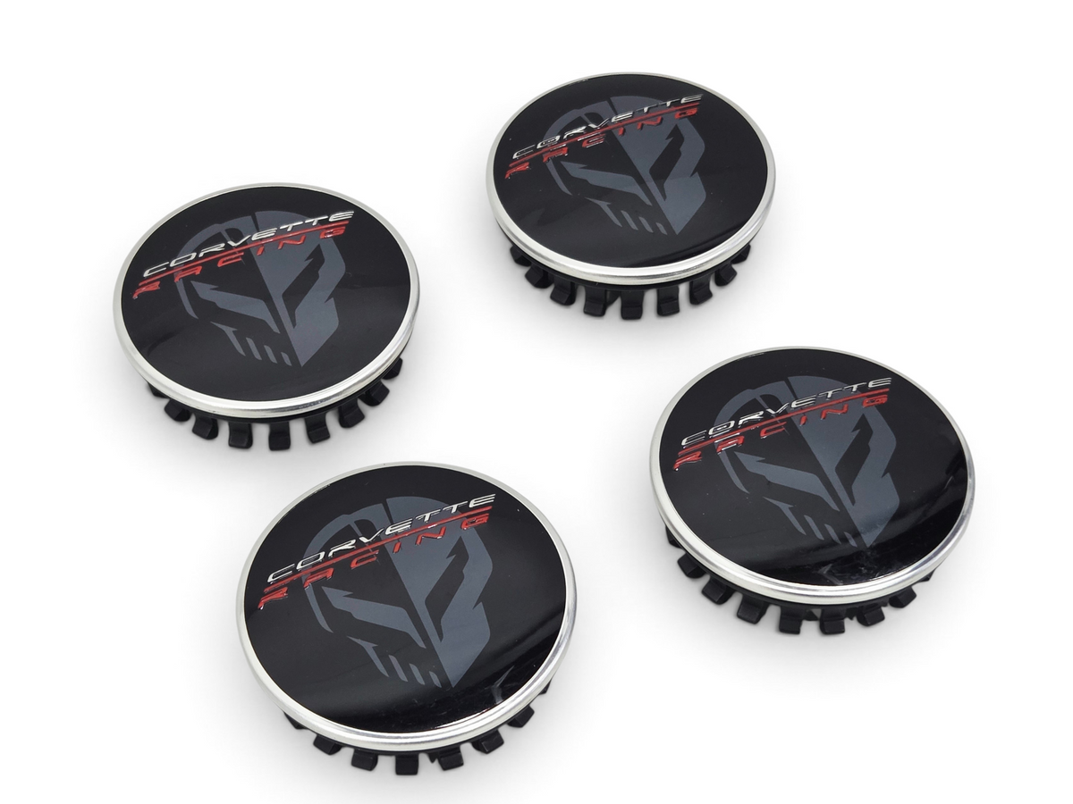 Send it Auto Parts set of four OEM Corvette Racing Jake logo center caps for C8 and C7 wheels with black finish