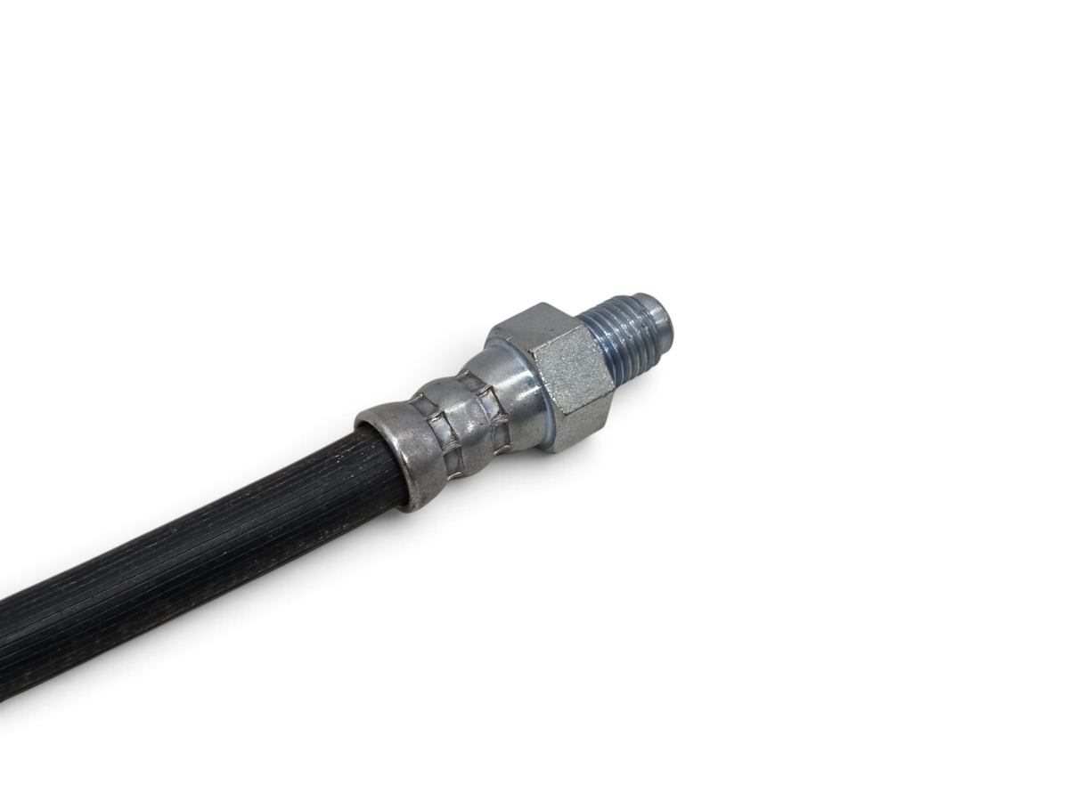 Send it Auto Parts rear brake hose for 1963-1982 Corvette featuring a black rubber line and metal threaded fitting.