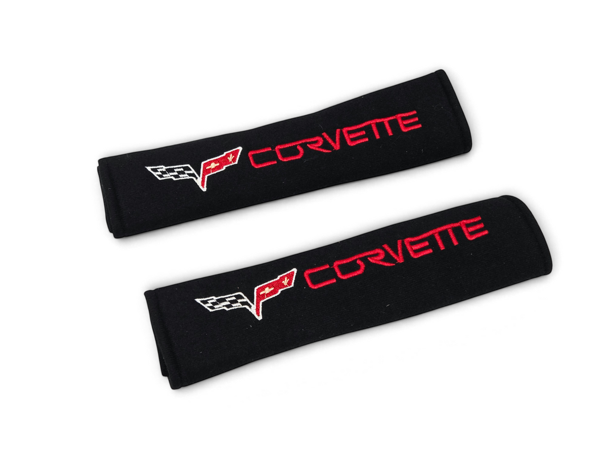 Send it Auto Parts black seat belt pads with red and white embroidered Corvette C6 logos for car interior comfort