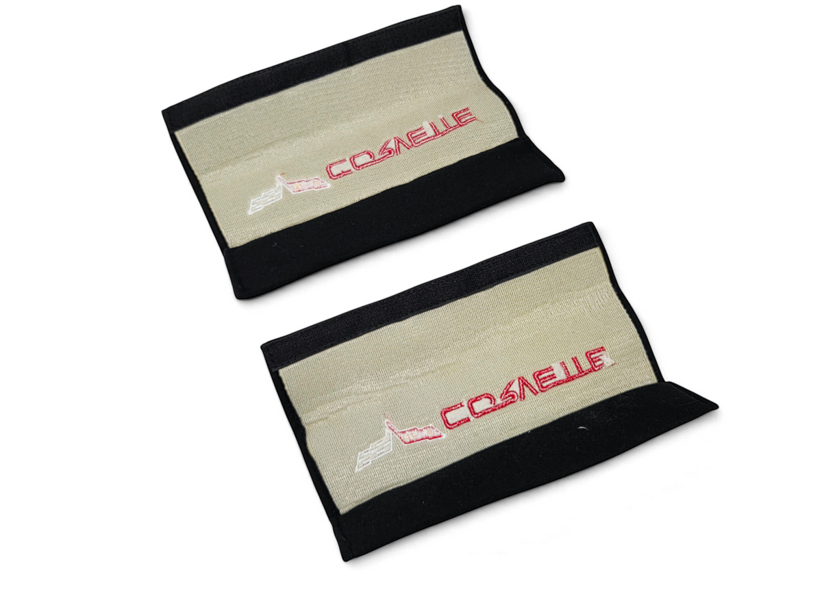 Send it Auto Parts beige and black embroidered Corvette C6 seat belt pads set