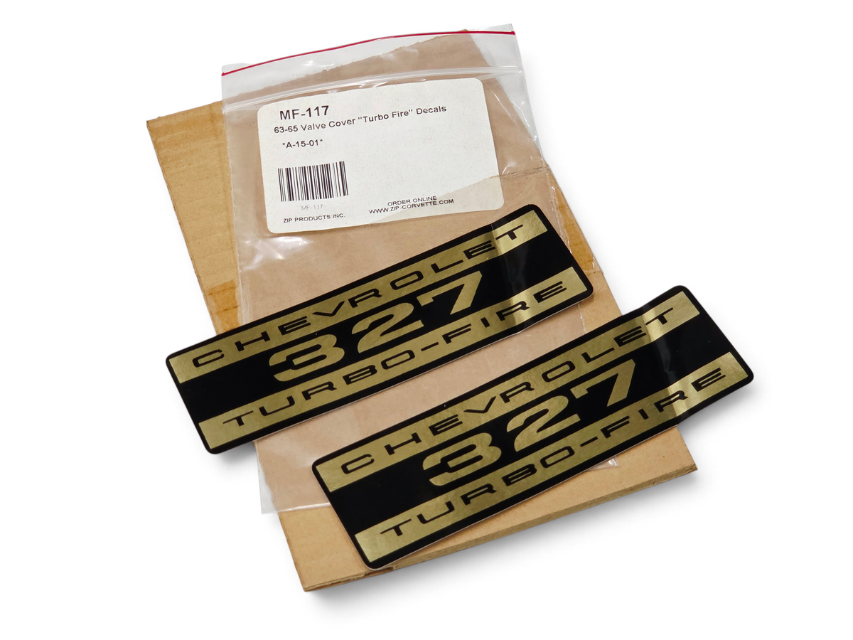 Send it Auto Parts 1963-1965 Corvette C2 327 Turbo Fire valve cover foil decals in black and gold, pair of two.