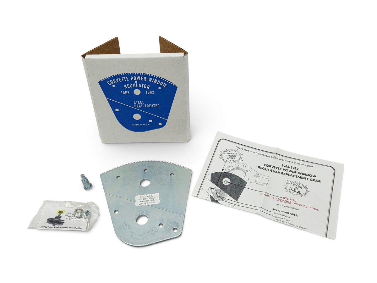 Send it Auto Parts 1968-1982 Corvette C3 power window regulator gear repair kit with steel gear, hardware, and manual.