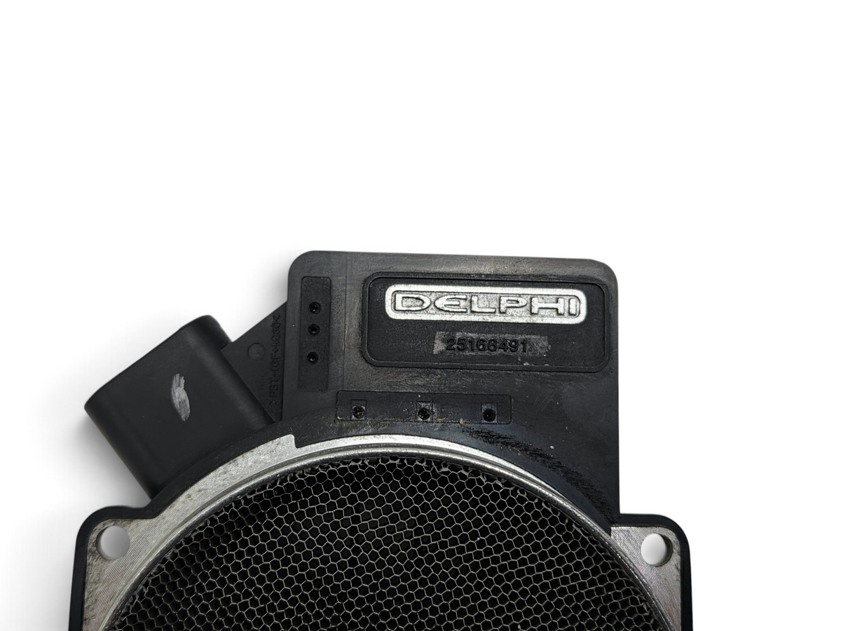Send it Auto Parts OEM Delphi mass air flow sensor part number 25168491 with black housing and metal mesh screen