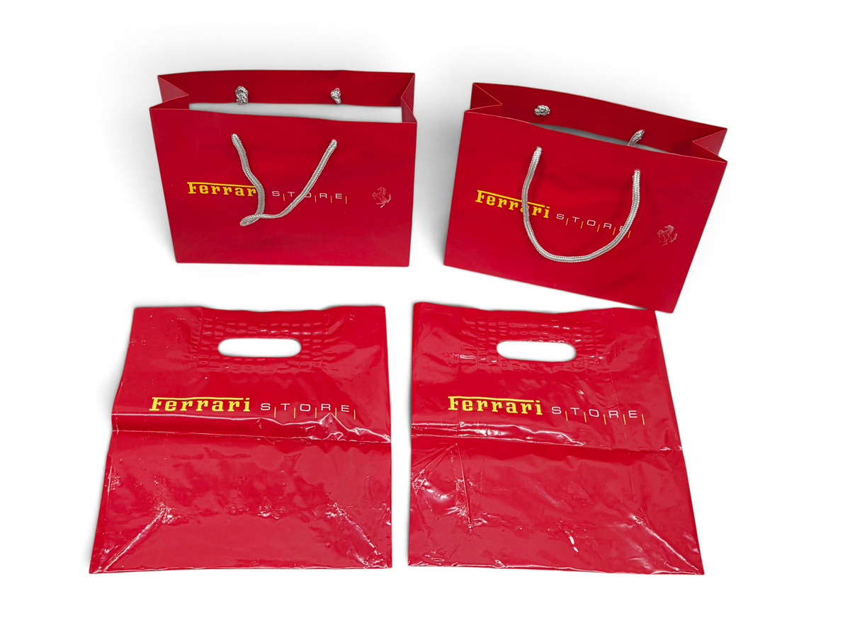 Send it Auto Parts set of 4 red Ferrari Store shopping bags including two paper bags and two plastic bags