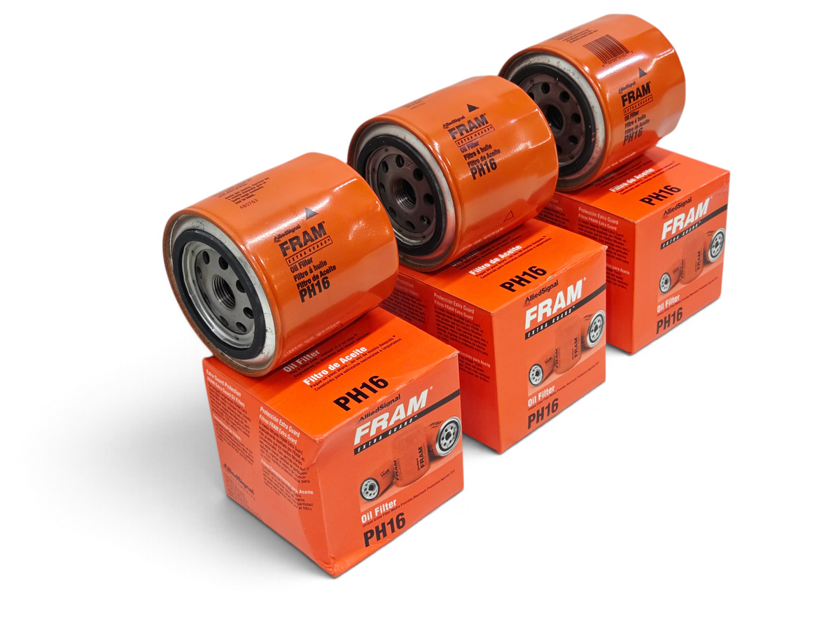Send it Auto Parts lot of three orange Fram PH16 engine oil filters with matching cardboard boxes
