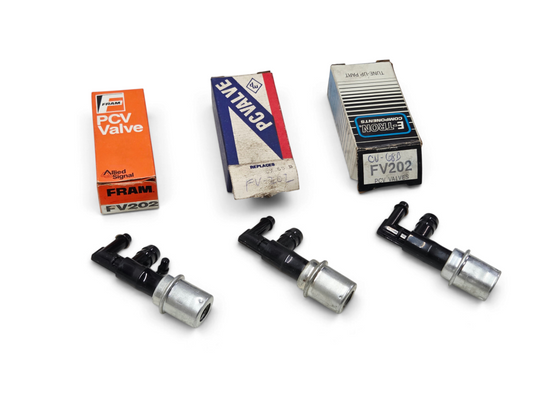 Send it Auto Parts lot of three FV202 PCV valves with original branded packaging boxes on a white surface