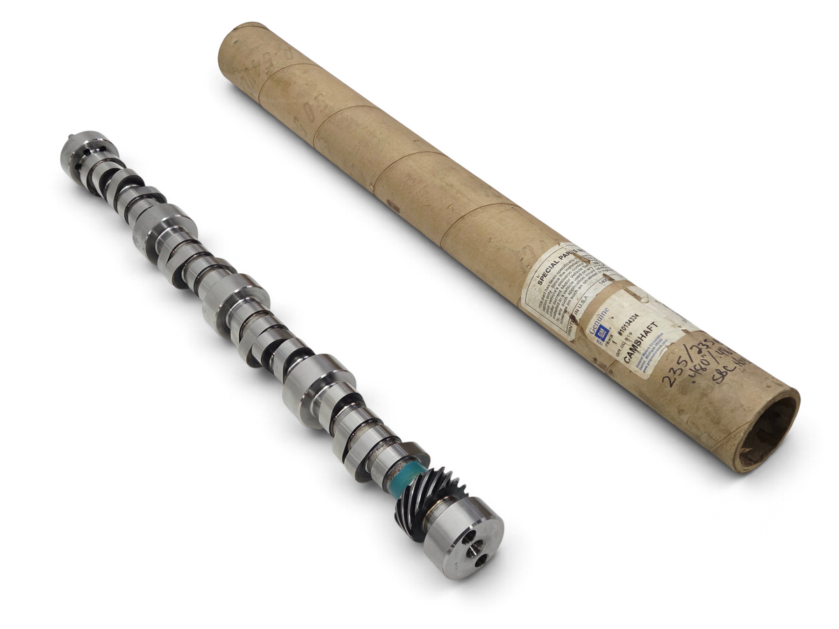 Send it Auto Parts OEM GM 350 engine camshaft with high output specs and original cardboard storage tube