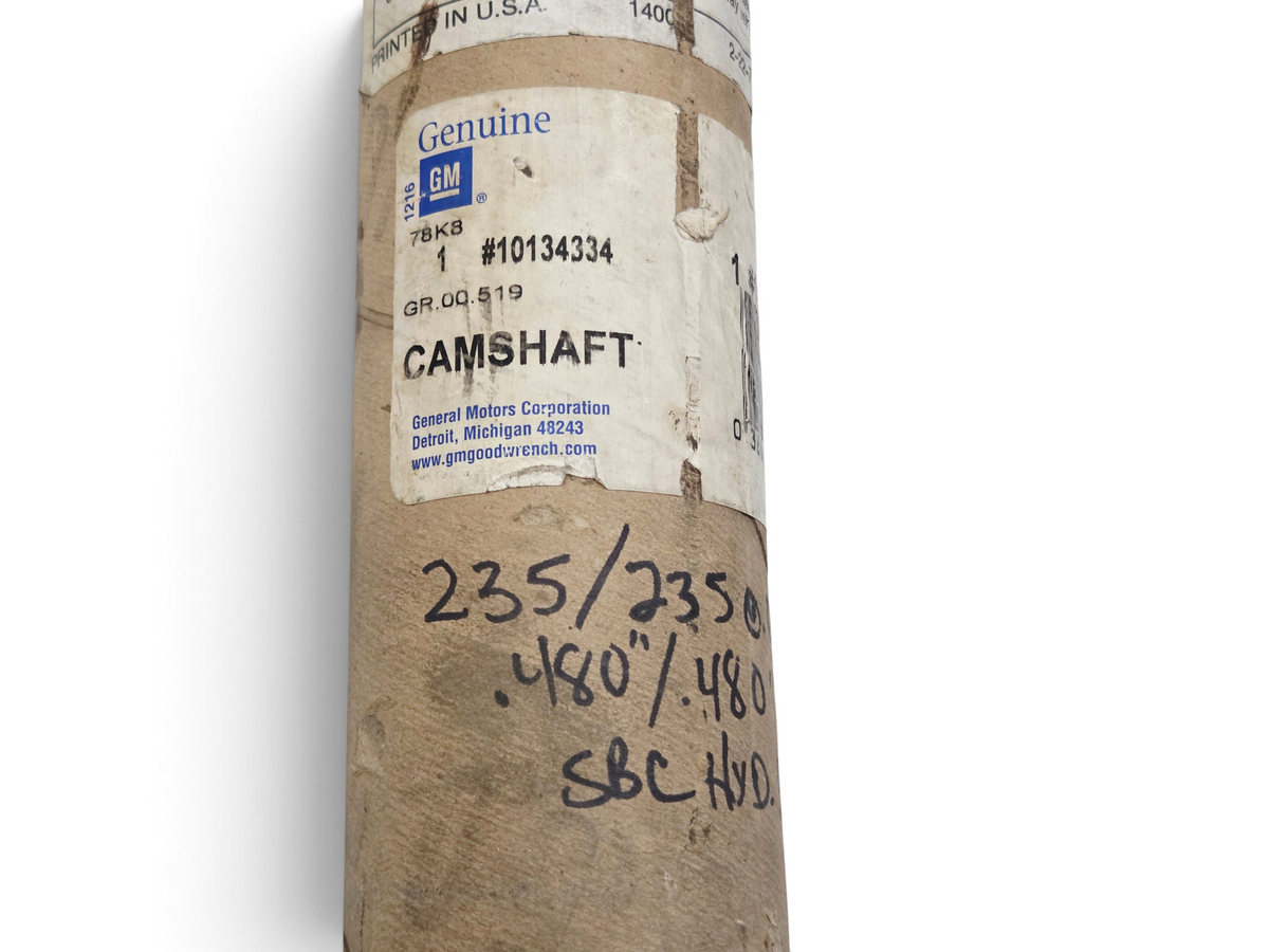 Send it Auto Parts OEM GM 350 engine camshaft in original packaging with handwritten performance specifications