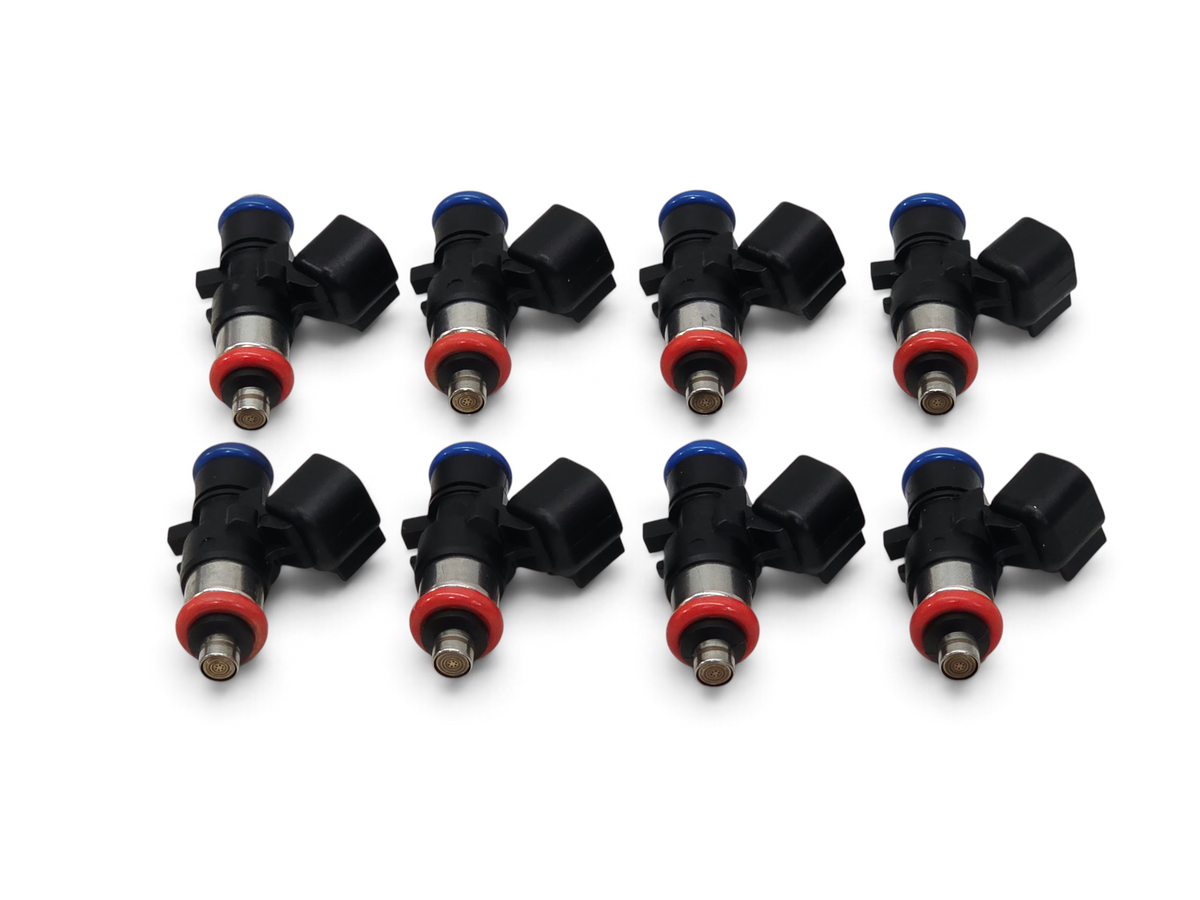Send it Auto Parts set of 8 OEM GM 6.2L fuel injectors for ZR1, CTSV, and ZL1 engines with blue and red accents.