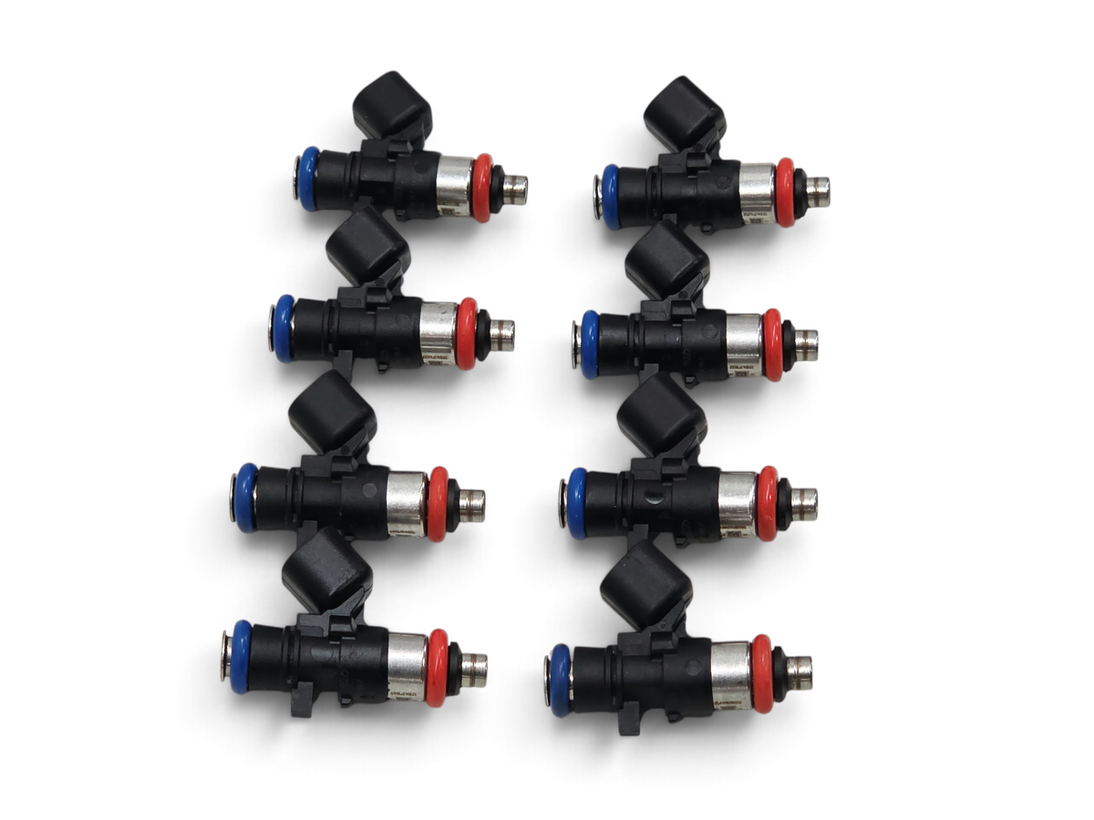 Send it Auto Parts set of eight 56lb fuel injectors for GM 6.2L LSA LS9 engines, featuring blue and red O-rings.