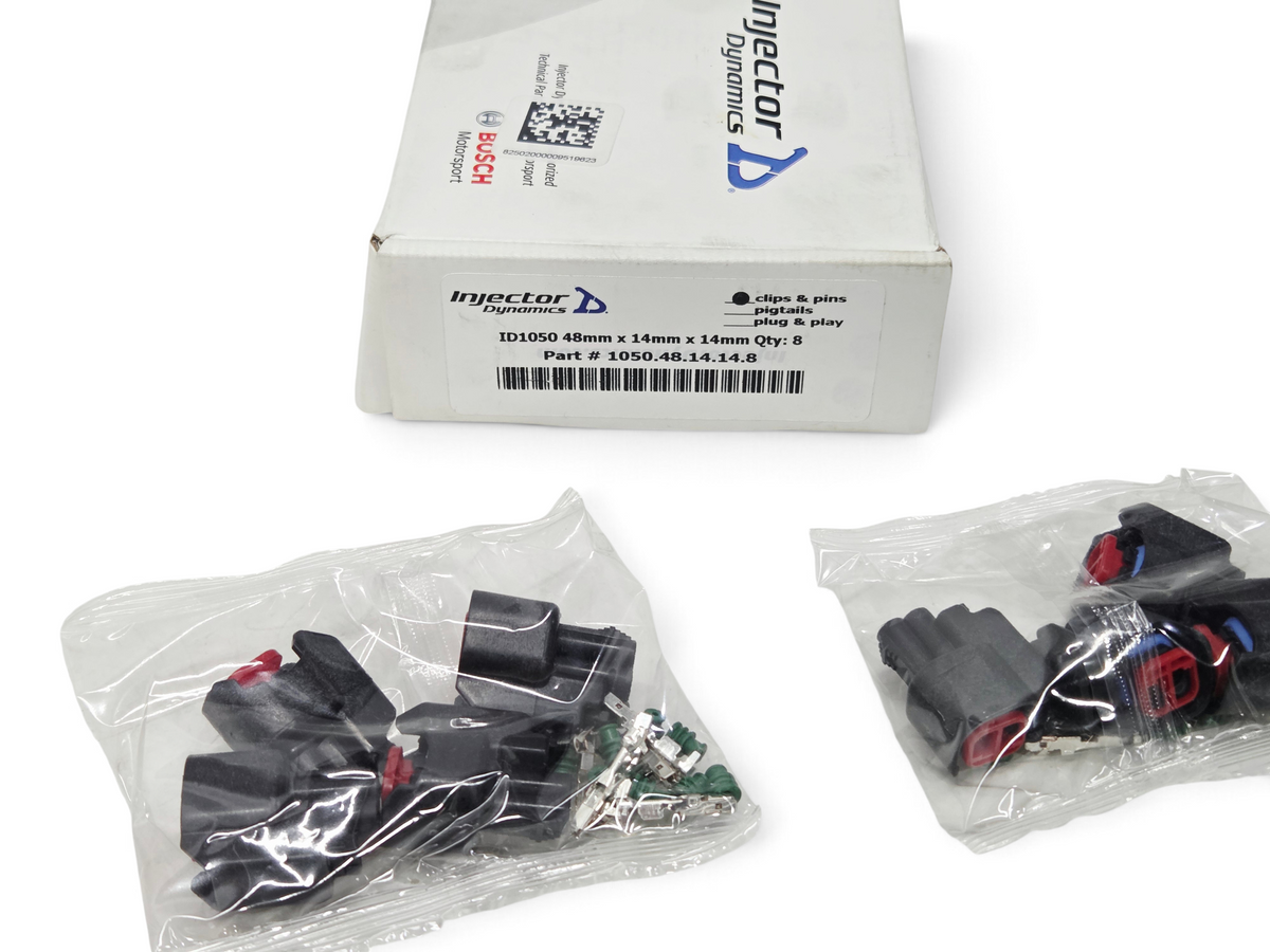 Send it Auto Parts Injector Dynamics ID1050X fuel injector kit with USCAR electrical connectors, clips, and pins.