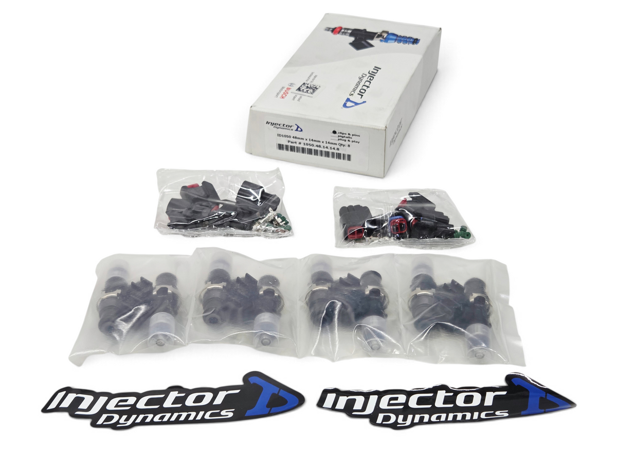 Send it Auto Parts Injector Dynamics ID1050X fuel injector set of 8 with clips, pins, and original packaging