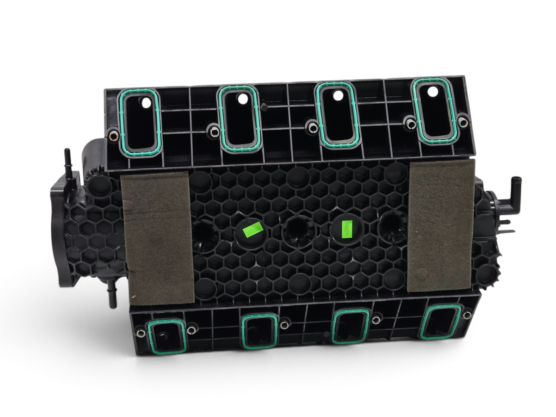 Send it Auto Parts OEM GM 6.2L LS3 intake manifold with green gaskets and honeycomb structure, bottom view.