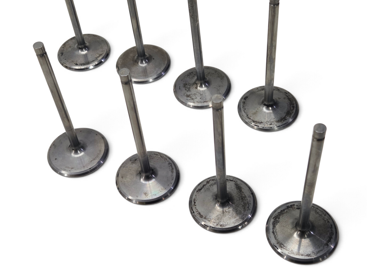 Send it Auto Parts set of eight 2.205 inch titanium intake valves for GM LS7 engines on a white surface