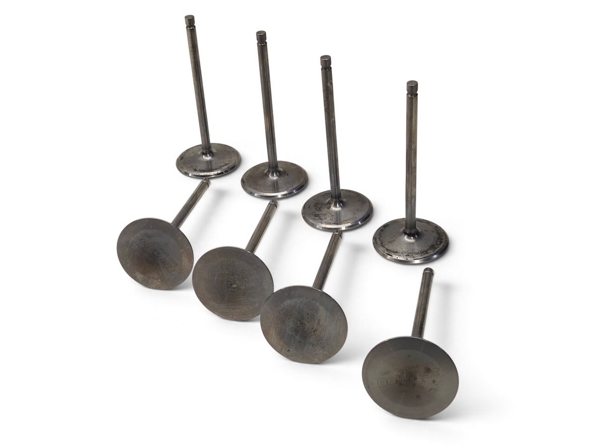Send it Auto Parts set of eight 2.205 inch titanium intake valves for GM LS7 engines on a white background.