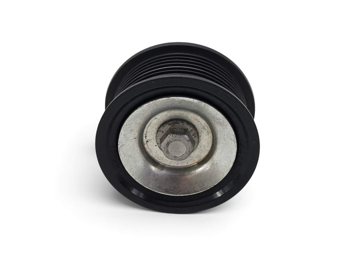 Send it Auto Parts OEM idler pulley for 6.2L LT4 engines, featuring a black grooved design with a silver metal center.