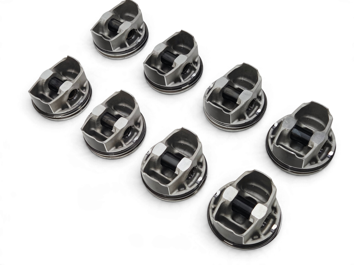 Send it Auto Parts set of 8 OEM GM LT4 6.2L supercharged pistons with pins and clips for Corvette and Camaro engines.