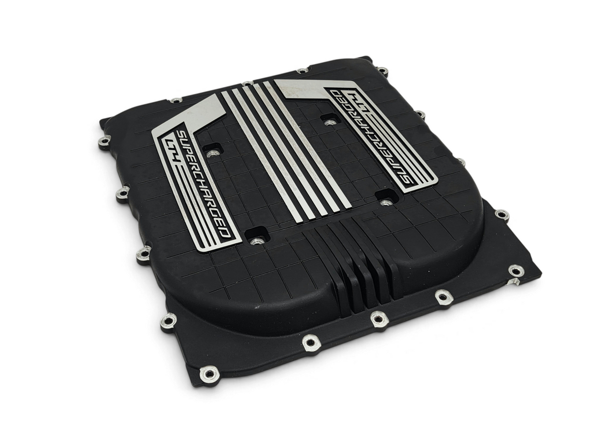 Send it Auto Parts OEM black and silver LT4 supercharger lid cover for Cadillac CTS-V and Corvette C7 Z06 engines