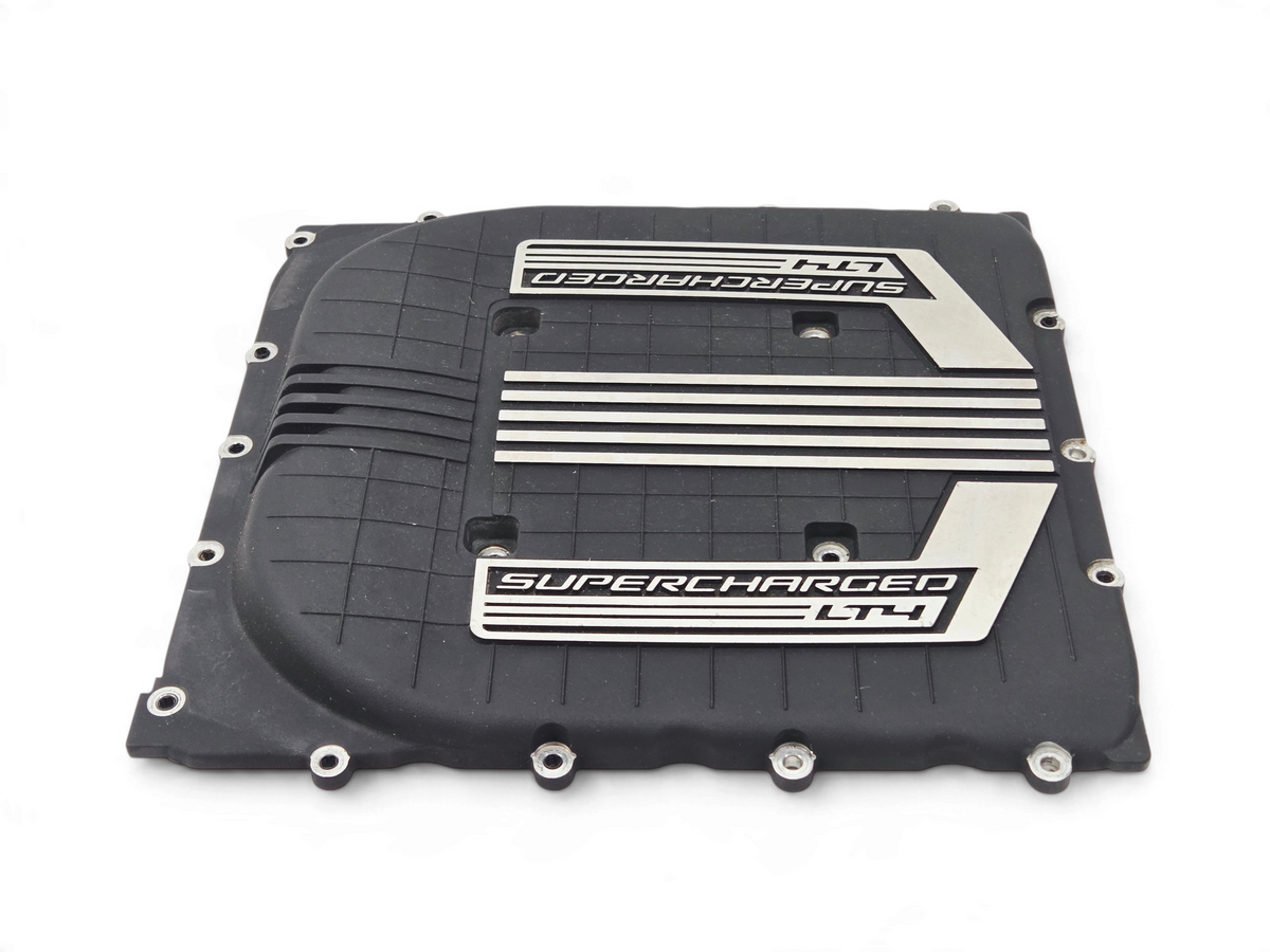 Send it Auto Parts OEM GM LT4 supercharger lid cover for Cadillac CTS-V and Corvette C7 Z06 in black with silver trim