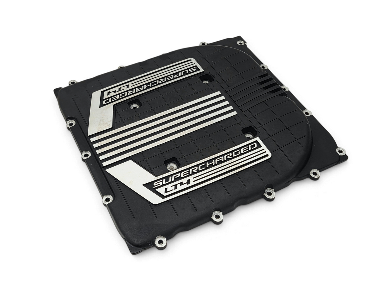 Send it Auto Parts OEM GM LT4 supercharger lid cover for Cadillac CTS-V and Corvette C7 Z06 in black with silver trim