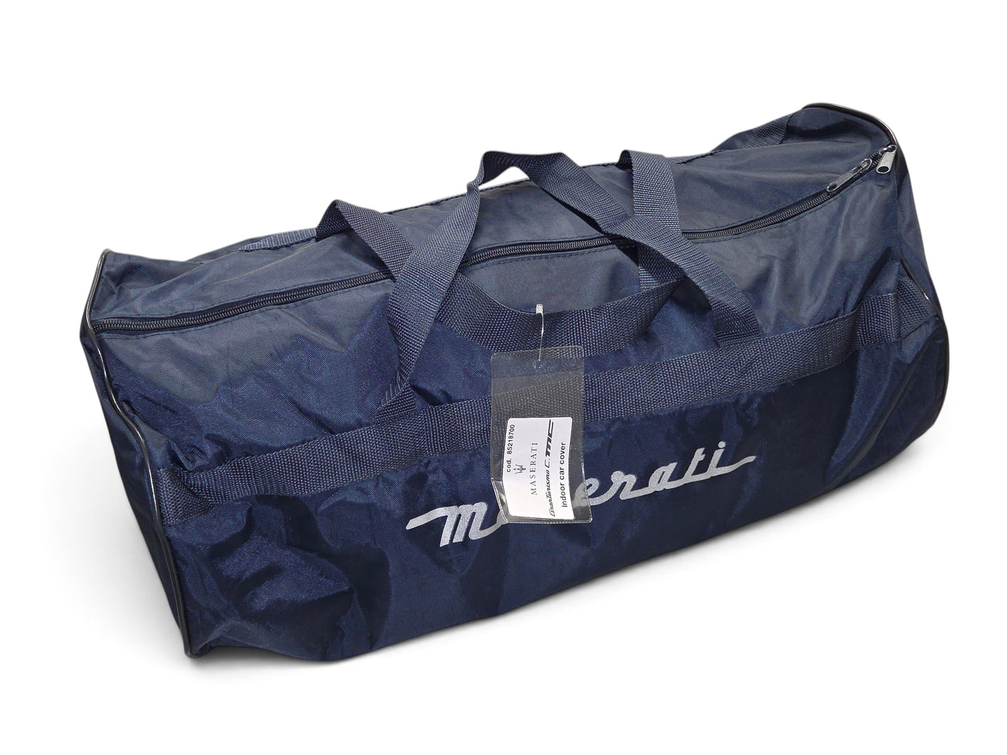 Send it Auto Parts blue OEM Maserati indoor car cover storage bag with silver logo lettering