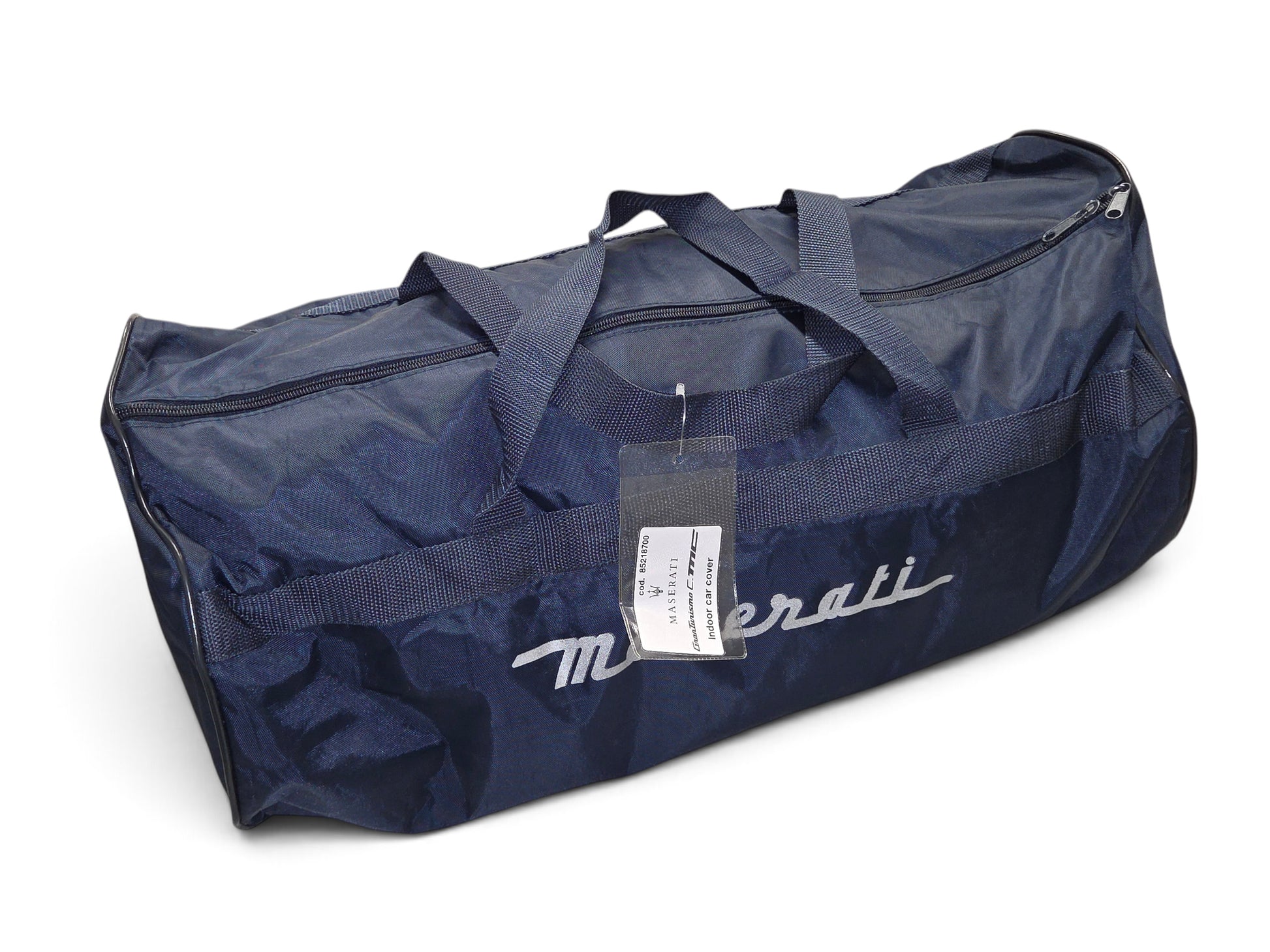 Send it Auto Parts blue OEM Maserati indoor car cover storage bag with silver logo lettering