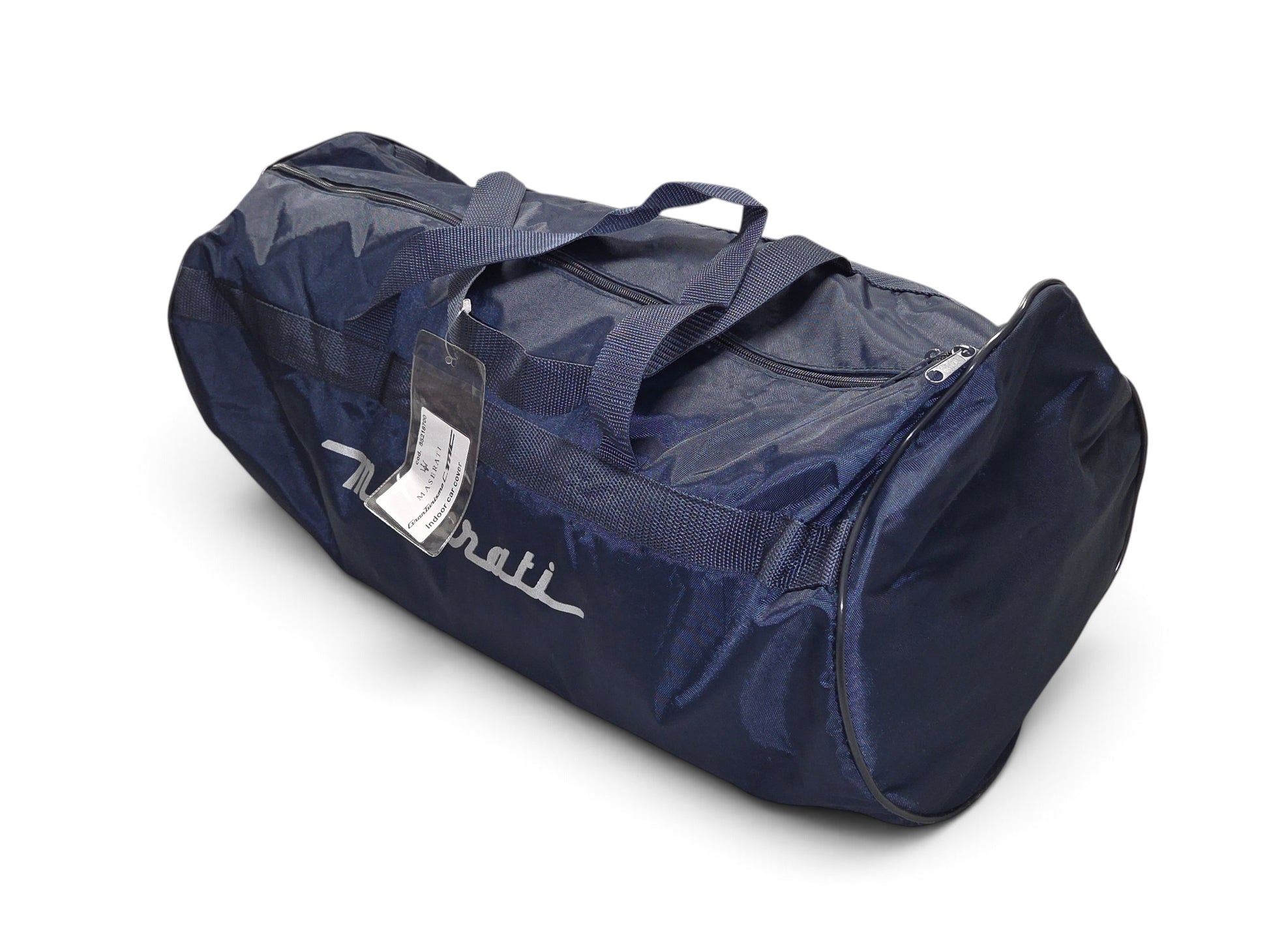 Send it Auto Parts blue OEM Maserati GranTurismo indoor car cover stored in a matching zippered duffel bag