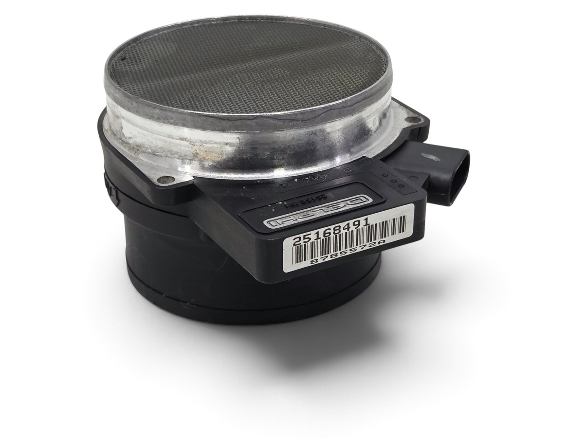 OEM GM mass air flow sensor part 25168491 from Send it Auto Parts, featuring a black housing and metal mesh screen.