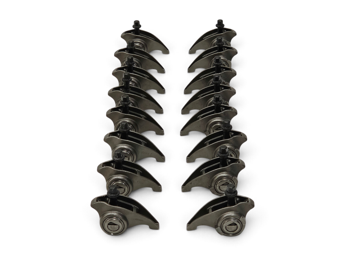 Send it Auto Parts OEM GM rocker arms and bolts set of 16 for GenV LT engines, arranged in two rows on white surface.