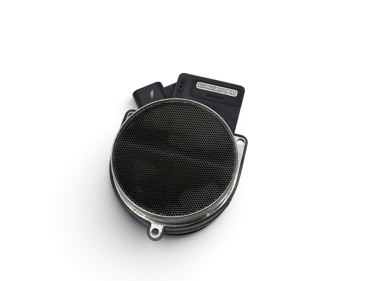 OEM Delphi mass air flow sensor for GM vehicles, featuring a circular metal mesh screen, from Send it Auto Parts.