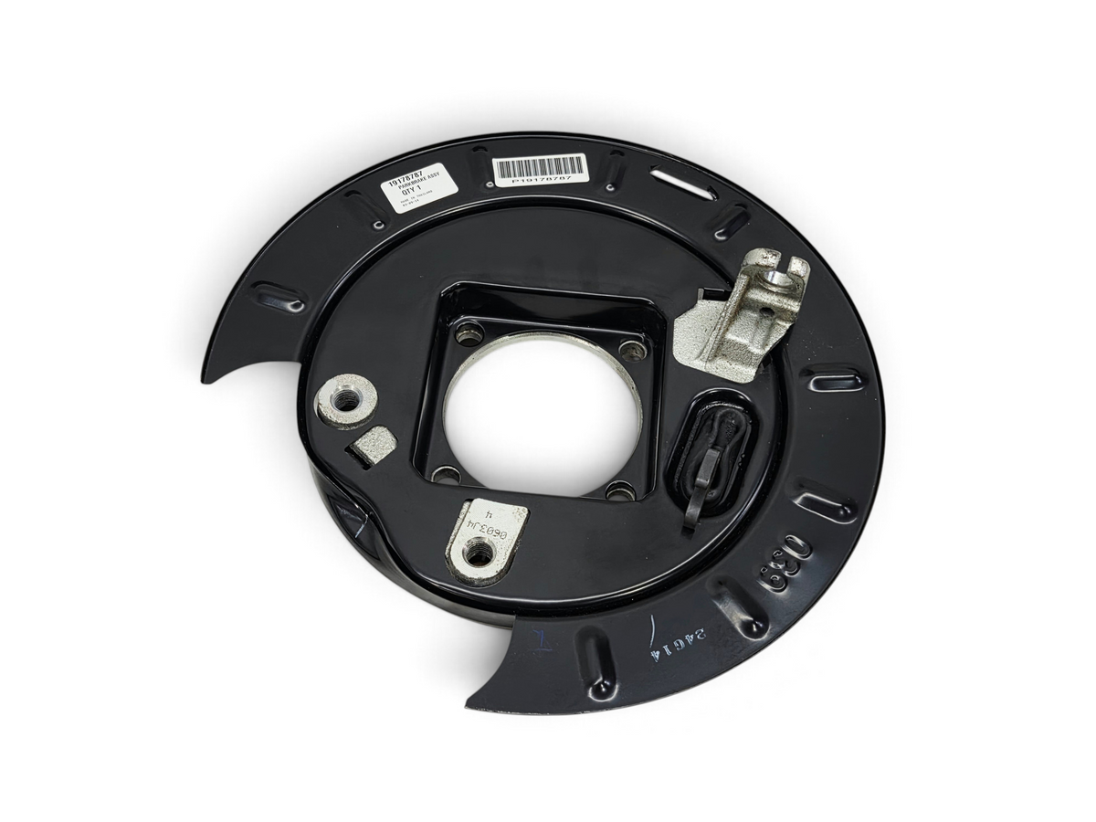 Send it Auto Parts OEM parking brake backing plate assembly for GM trucks, featuring black metal finish.