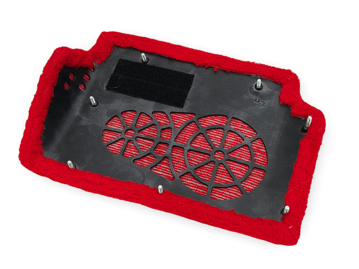 Send it Auto Parts red Tru-Vet carpet door speaker cover assembly for 1994-1996 Corvette C4 with black plastic grille