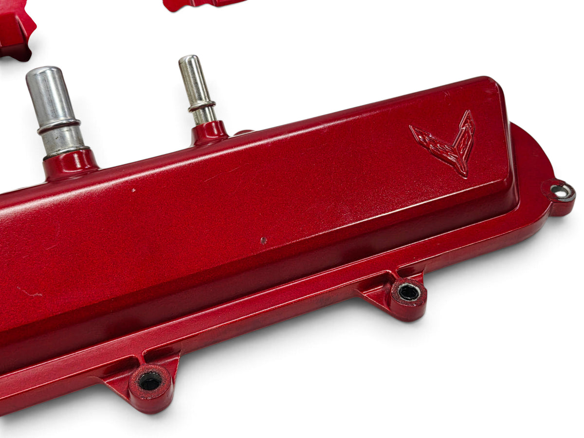 Send it Auto Parts OEM red valve covers for 2020-2026 Chevy Corvette C8 6.2L LT2 engine with embossed logo