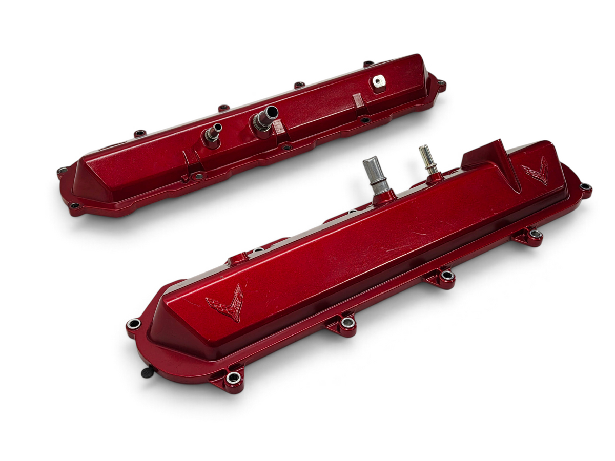 Send it Auto Parts OEM red valve covers for 2020-2026 Chevy Corvette C8 6.2L LT2 engine with Stingray emblem