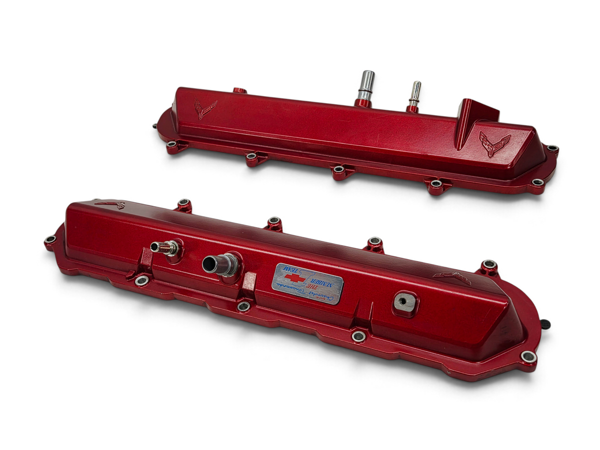 Send it Auto Parts OEM red valve covers for Chevy Corvette C8 6.2L LT2 engine with Corvette emblem branding