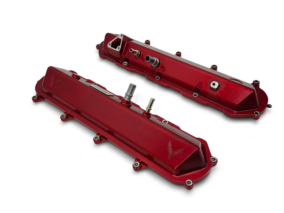 Send it Auto Parts OEM red valve covers for 2020-2026 Chevy Corvette C8 6.2L LT2 engine with Stingray branding