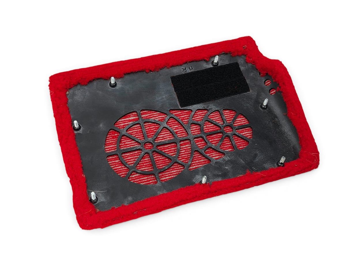 Send it Auto Parts red Tru-Vet carpet door speaker cover assembly for 1994-1996 Corvette C4 with mounting studs.
