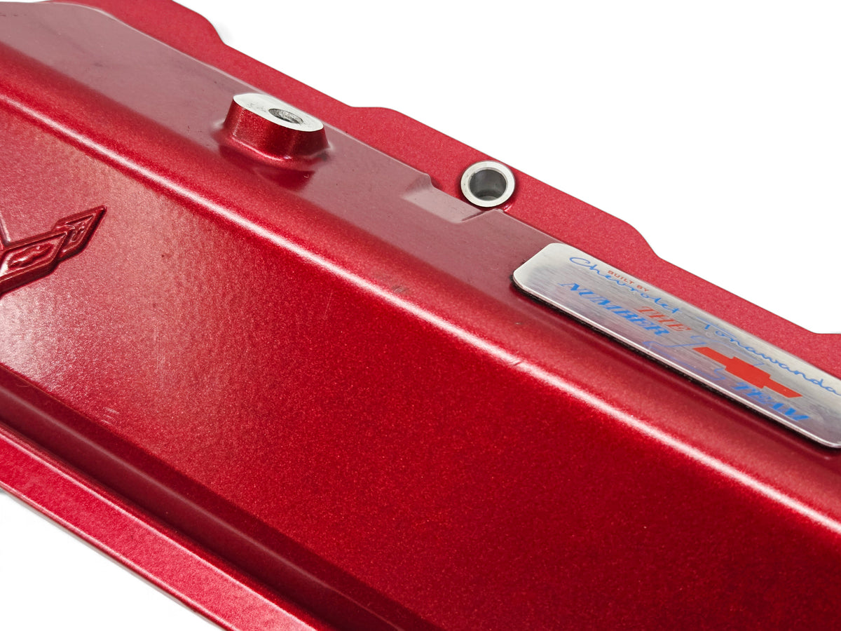 Send it Auto Parts OEM red valve cover for Chevy Corvette C8 6.2L engine with Tonawanda engine plant emblem