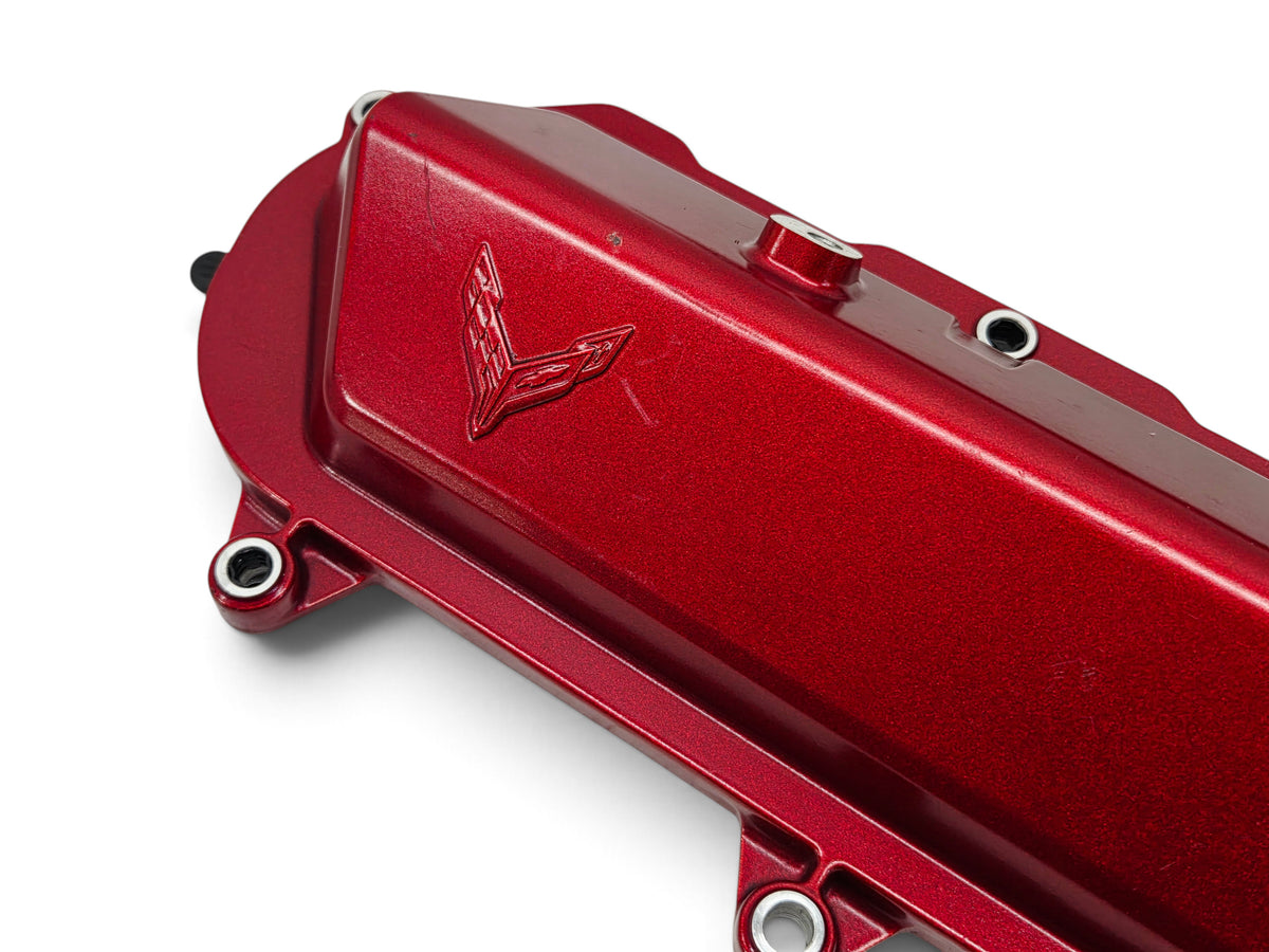 Send it Auto Parts OEM red metallic valve cover for Chevy Corvette C8 6.2L engine with embossed logo