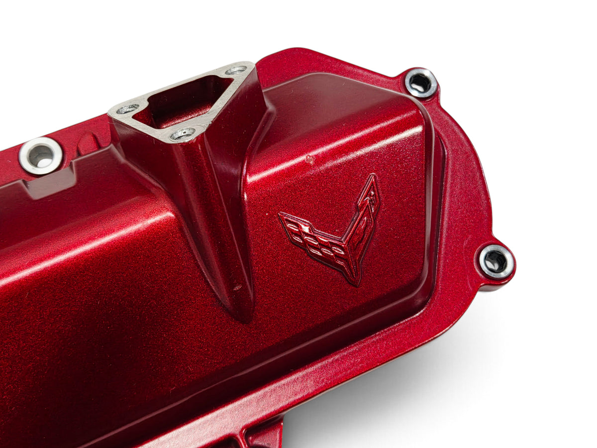 Send it Auto Parts OEM red metallic valve cover for Chevy Corvette C8 6.2L LT2 engine with embossed logo
