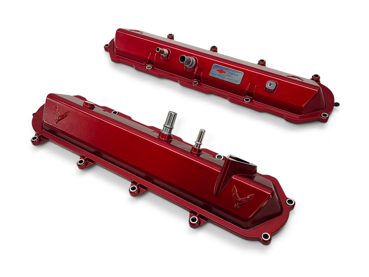 Send it Auto Parts OEM red valve covers for 2020-2026 Chevy Corvette C8 6.2L LT2 engine with Stingray branding