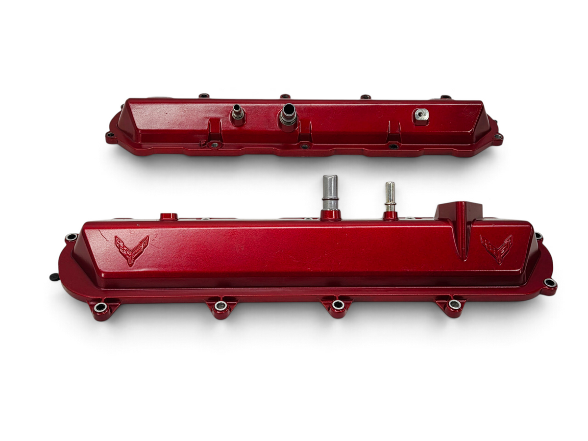 Send it Auto Parts OEM red valve covers for 2020-2026 Chevy Corvette C8 6.2L LT2 engine with embossed logos