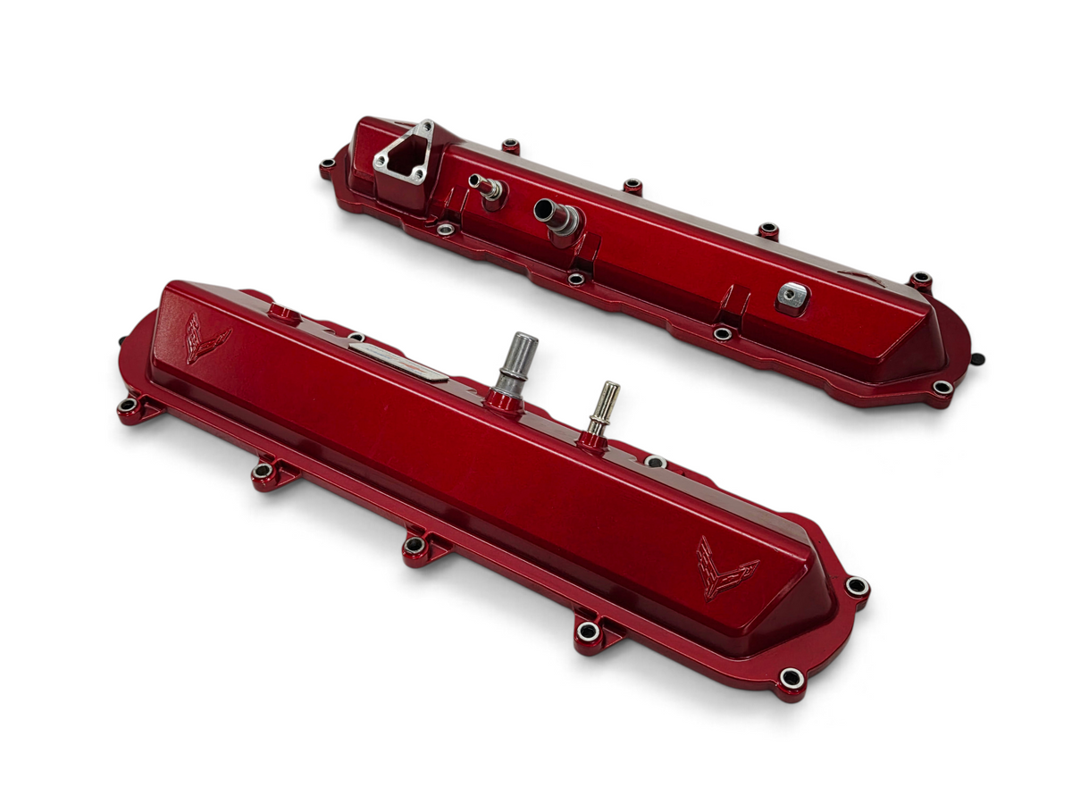 Send it Auto Parts OEM red valve covers for 2020-2026 Chevy Corvette C8 6.2L LT2 engine with Corvette emblem