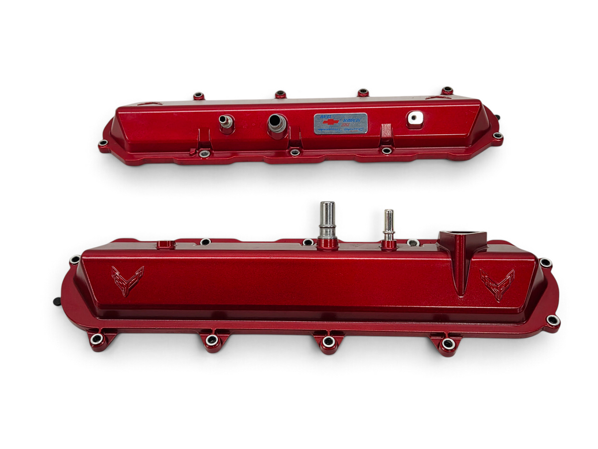 Send it Auto Parts OEM red valve covers for 2020-2026 Chevy Corvette C8 6.2L V8 engine with Corvette emblems