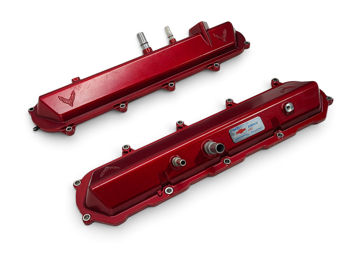 Send it Auto Parts OEM red valve covers for 2020-2026 Chevy Corvette C8 6.2L LT2 engine with Stingray branding
