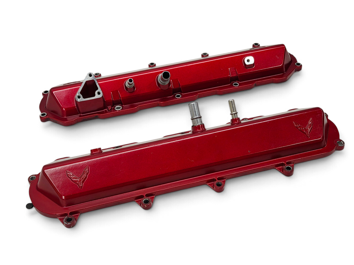 Send it Auto Parts OEM red valve covers for 2020-2026 Chevy Corvette C8 6.2L LT2 engine with embossed logos